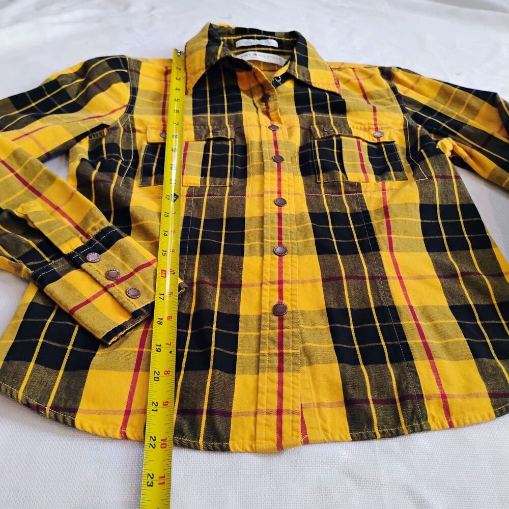 Tommy Hilfiger Y2K Yellow Plaid Flannel Shirt Small Clueless 2002 Snap Vintage - Picture 10 of 16